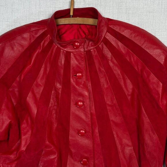Vintage 80s Red Leather Suede Panel Jacket Batwing Button Front Bomber Size 36 - Picture 4 of 14
